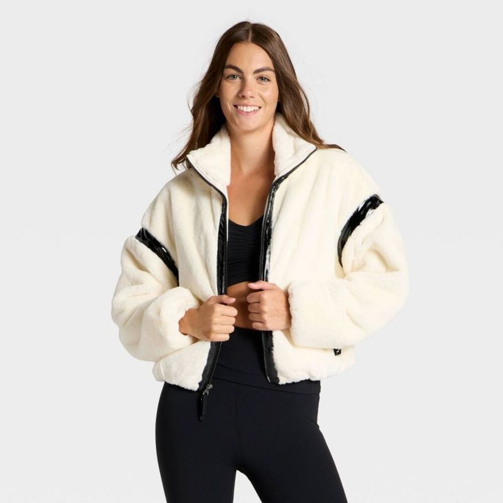 JoyLab - Women's Faux Fur PU Trim Jacket - JoyLab S Cream Off-White